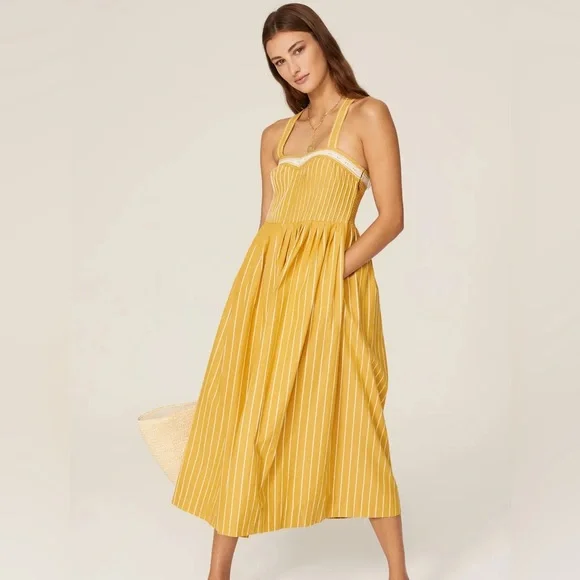 knee length dresses for ladies Yellow Corset Style Midi Dress- Striped Corset Midi Dress- Preppy Yellow  Striped Midi Dress – Juliana's Boutique main image 1